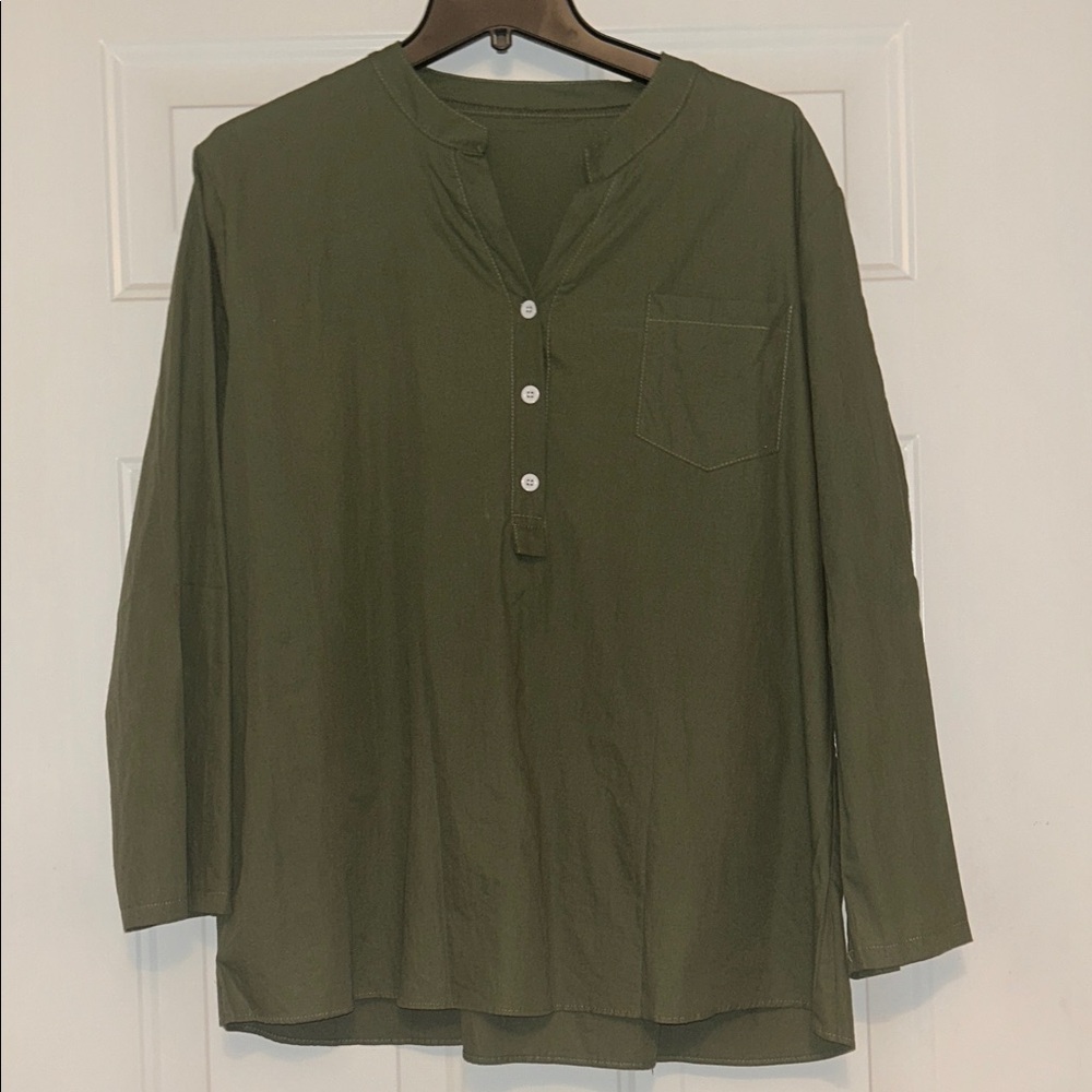 V-Neck Henley LS Cotton Shirt/Top XL Solid Green NWOT Loose Relaxed Casual